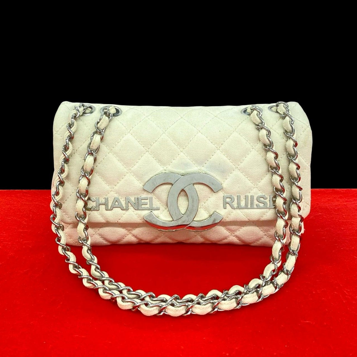 Chanel Cruise Collection Quilted CC Logo Canvas Shoulder Bag Ivory