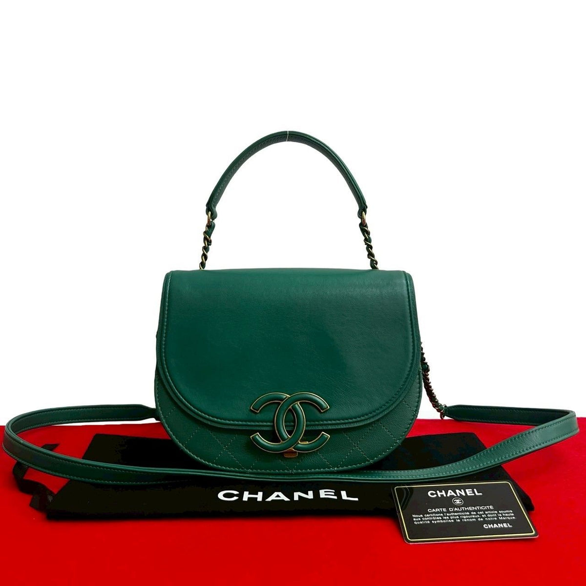 Chanel Coco Curve Jumbo CC Logo Calf Leather Chain Shoulder Bag Green