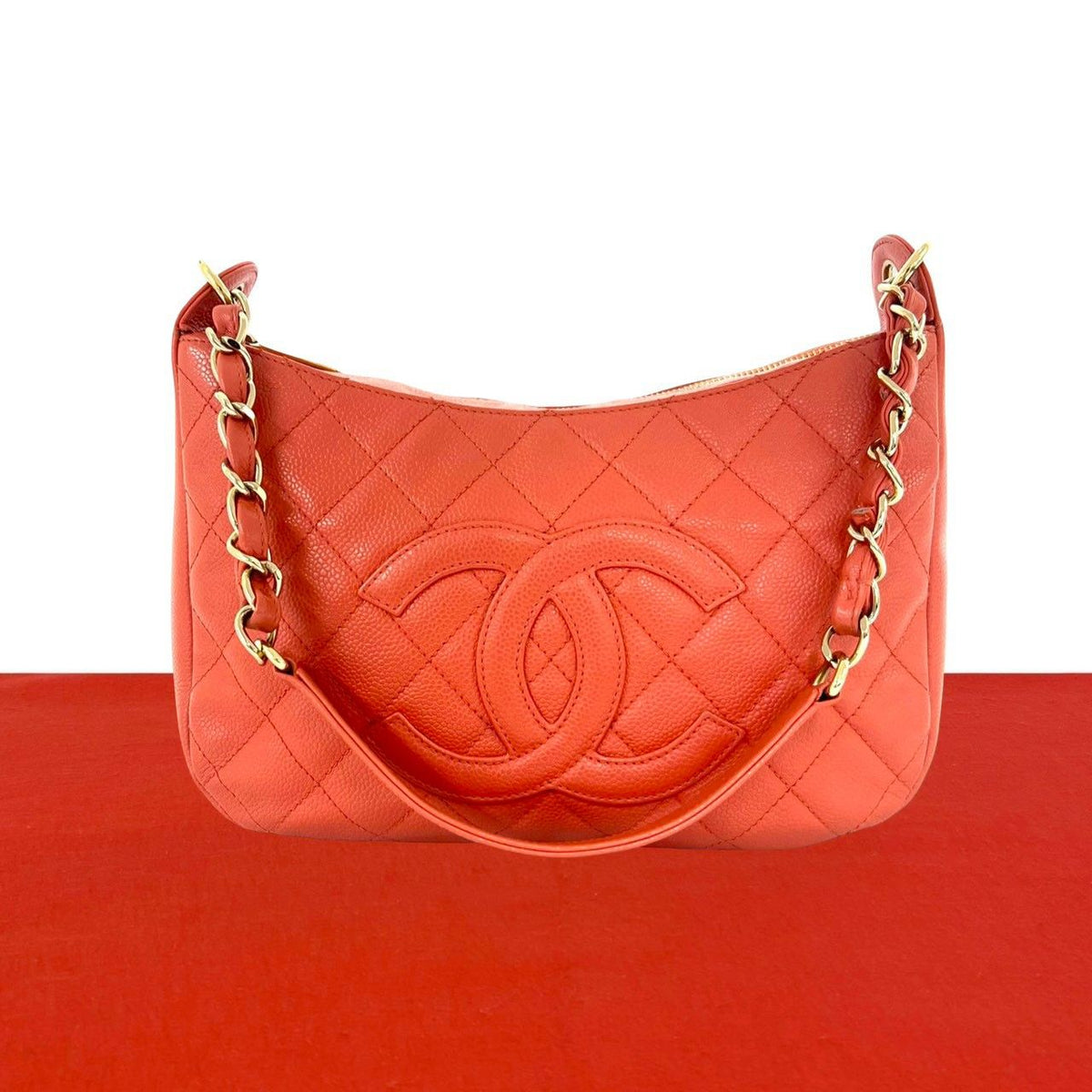 Chanel Seal Quilted CC Logo Caviar Leather Shoulder Bag Pink