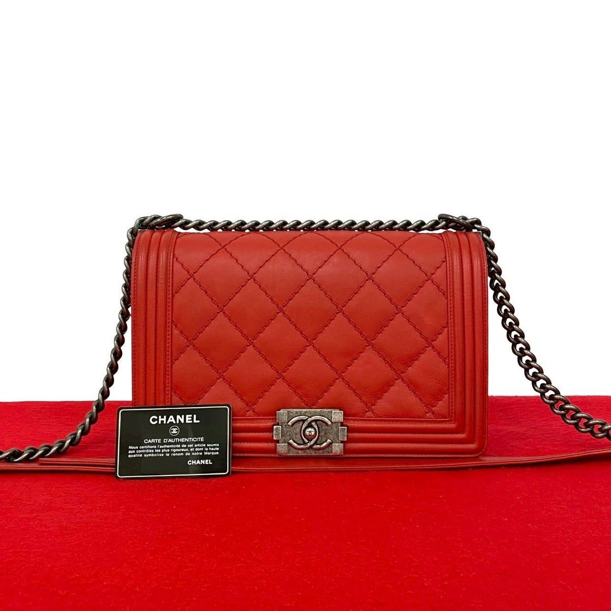 Chanel Boy CC Logo Leather Chain Shoulder Bag Red