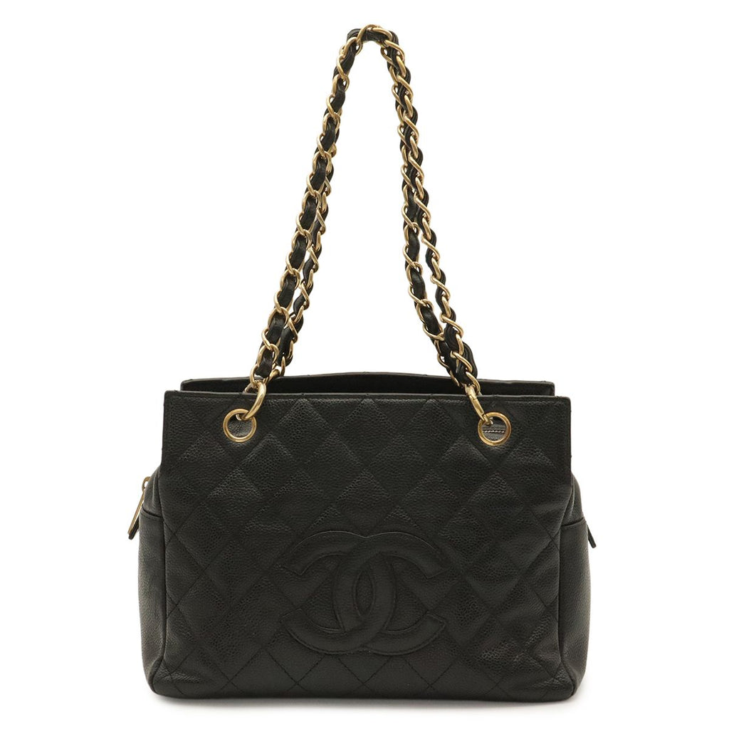 Chanel Quilted Petit Timeless Tote Chain Shoulder Bag Caviar Leather Black Gold