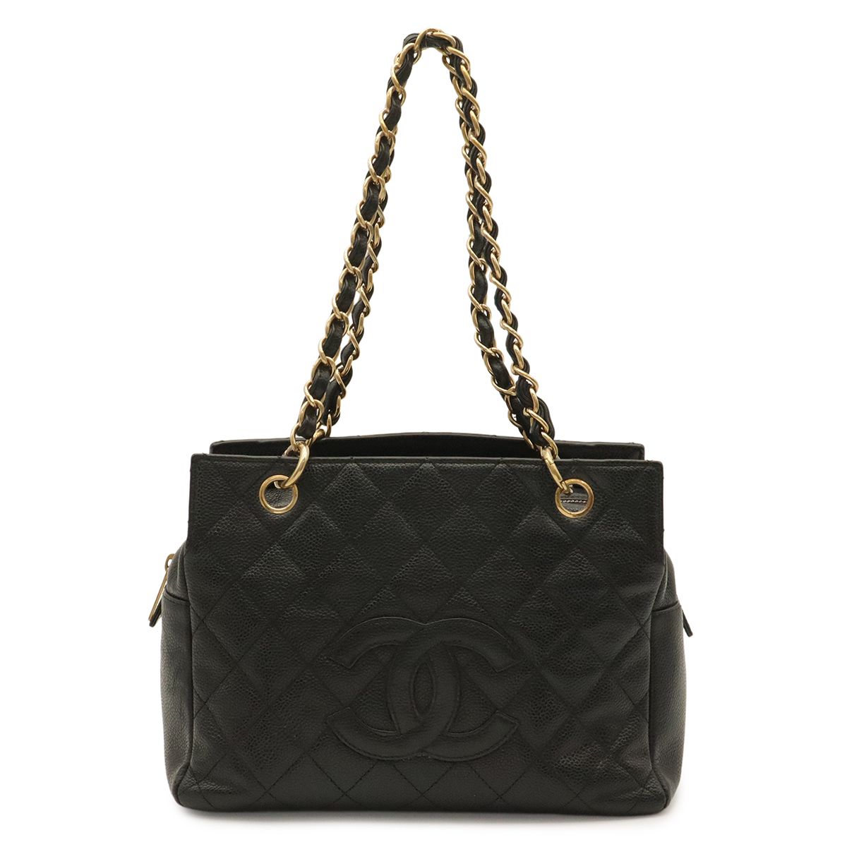 Chanel Quilted Petit Timeless Tote Chain Shoulder Bag Caviar Leather Black Gold