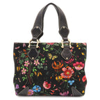 Gucci Flora Tote Bag Floral Pattern Flower Canvas Leather Black Multicolor Gold