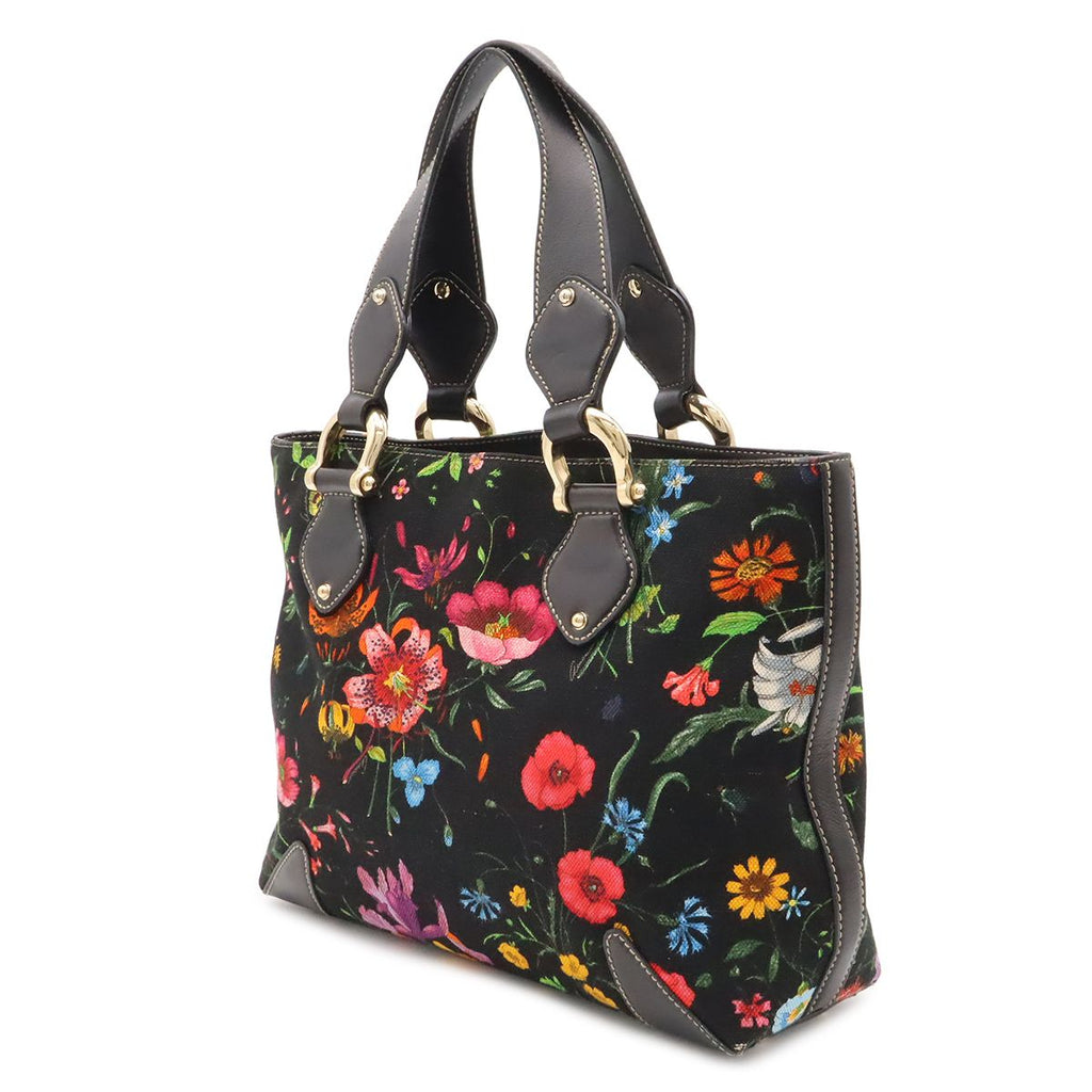 Gucci Flora Tote Bag Floral Pattern Flower Canvas Leather Black Multicolor Gold — view 2