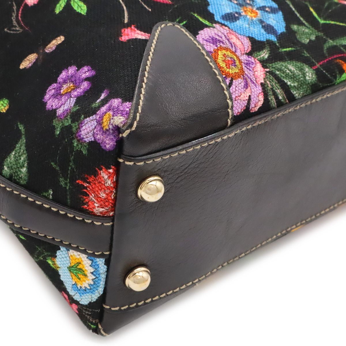 Gucci Flora Tote Bag Floral Pattern Flower Canvas Leather Black Multicolor Gold — view 3