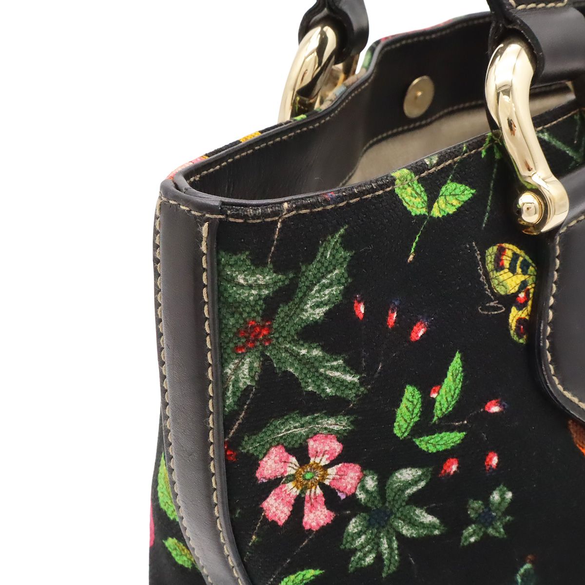 Gucci Flora Tote Bag Floral Pattern Flower Canvas Leather Black Multicolor Gold — view 7