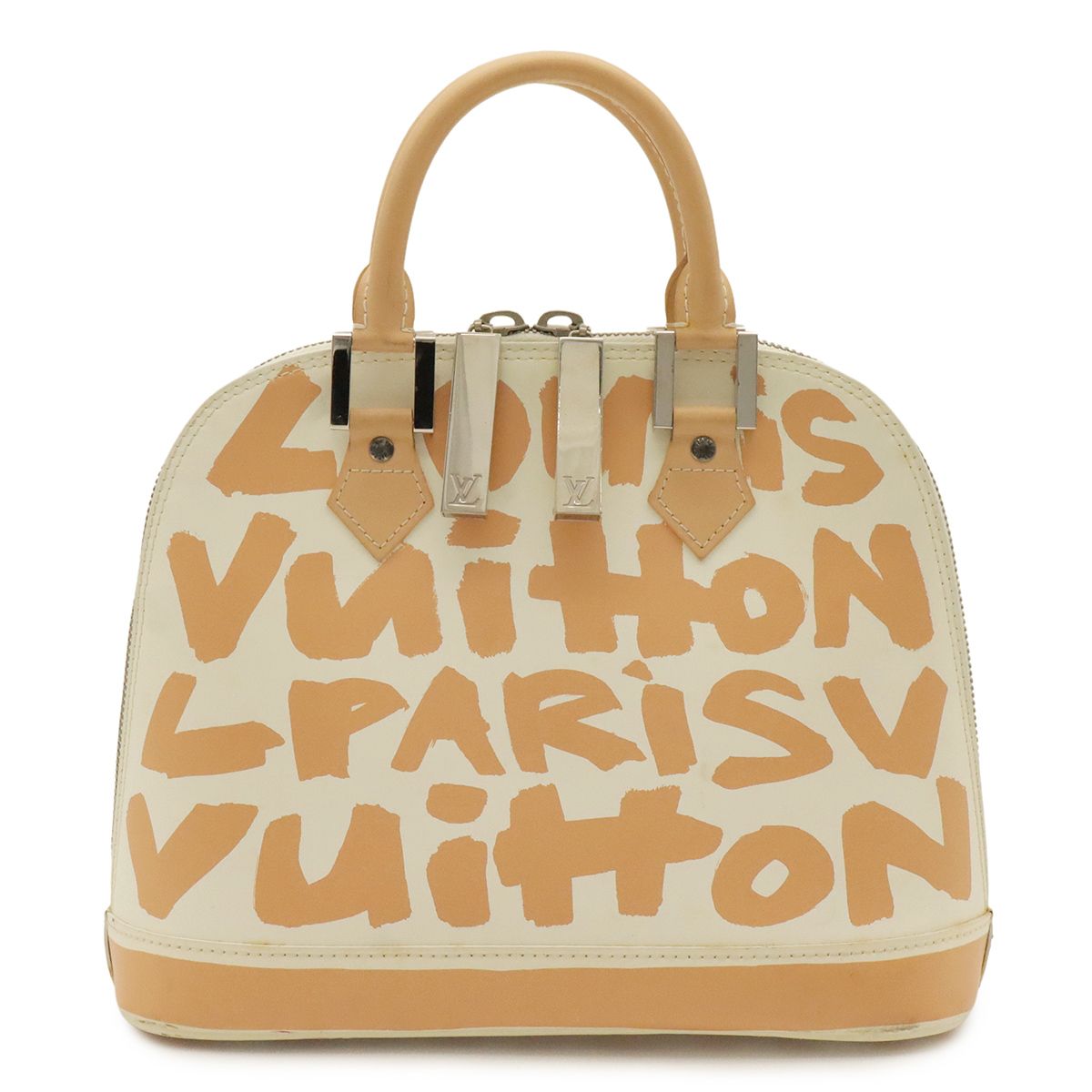 Louis Vuitton Graffiti Alma MM Handbag Leather Beige Ivory White Silver
