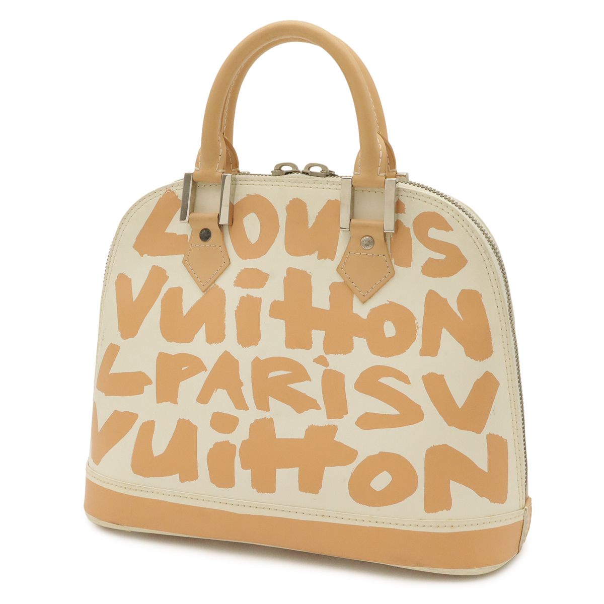 Louis Vuitton Graffiti Alma MM Handbag Leather Beige Ivory White Silver — view 2
