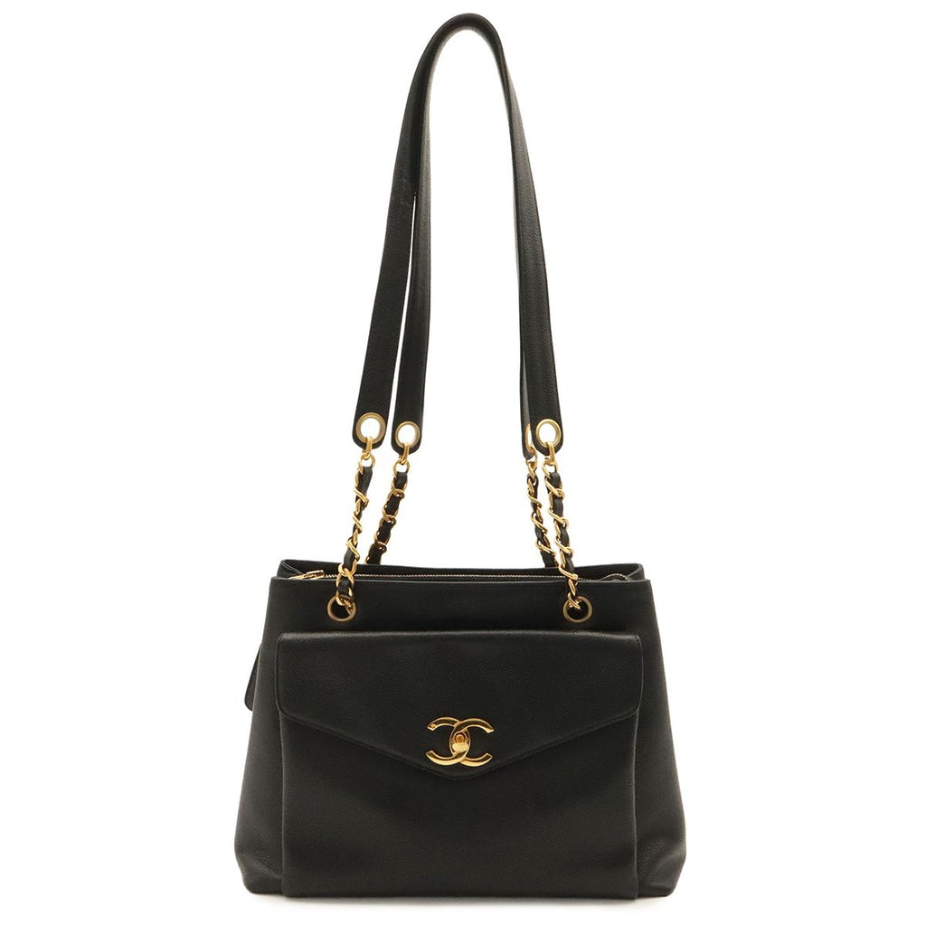 Chanel CC Logo Tote Chain Shoulder Bag Caviar Leather Black Gold