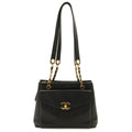 Chanel CC Logo Tote Chain Shoulder Bag Caviar Leather Black Gold