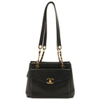 Chanel CC Logo Tote Chain Shoulder Bag Caviar Leather Black Gold