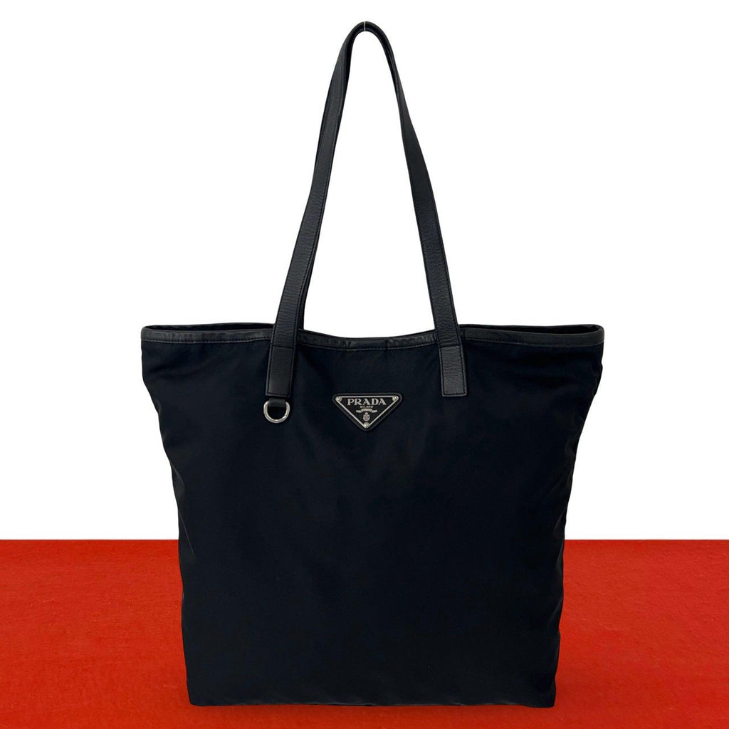 Prada Triangle Logo Tessuto Pocono Nylon Leather Tote Bag Black