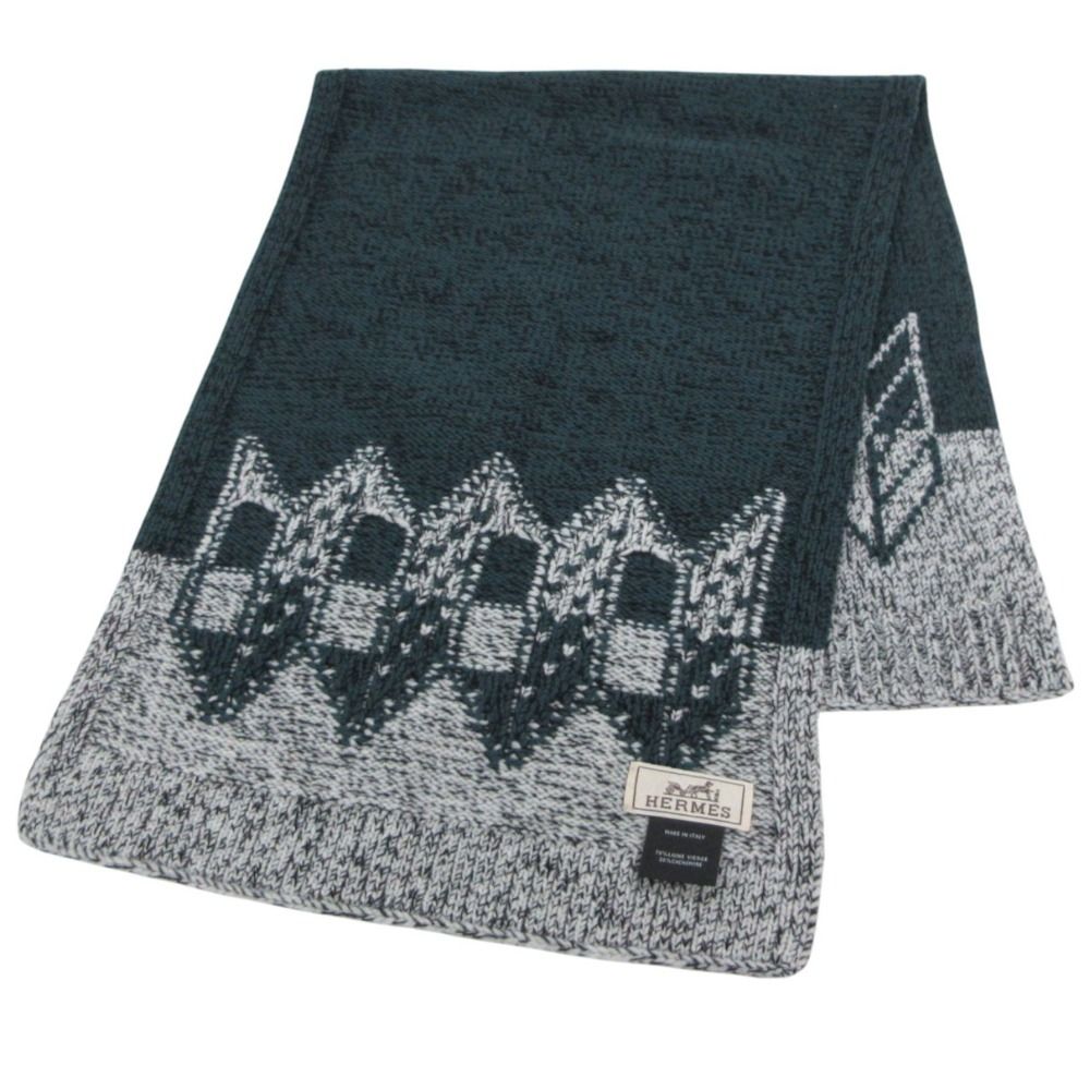 Hermes Scarf Wool Cashmere Nordic Pattern Green Gray