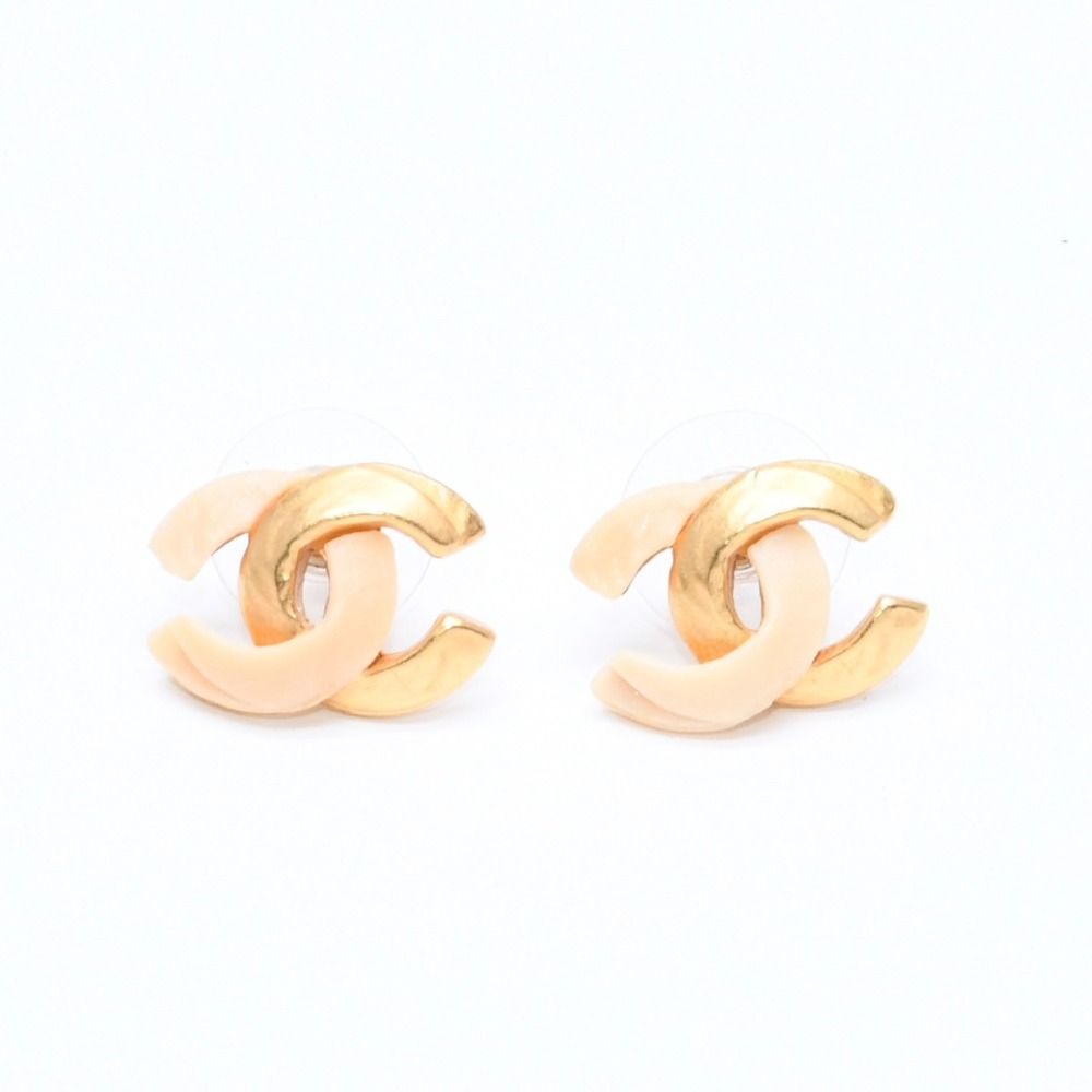 Chanel CC Logo Earrings Stamp Metal Gold Ivory