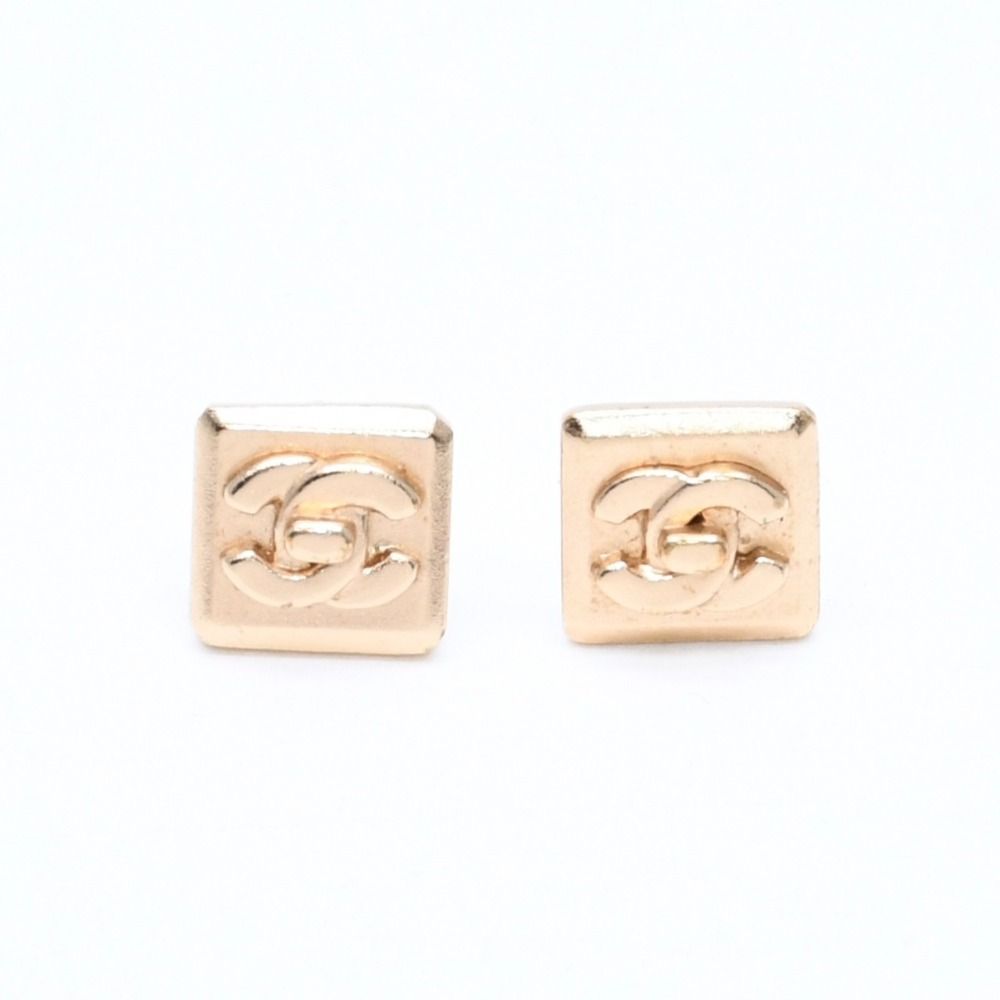 Chanel CC Logo Square Stud Earrings 02A Stamp Metal Gold