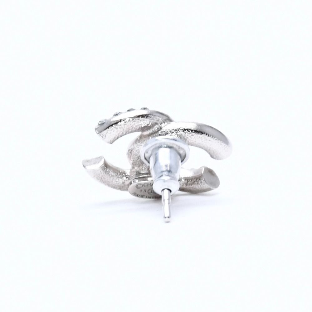 Chanel CC Logo Stud Earrings 13P Stamp Metal Rhinestone Silver Blue — view 6