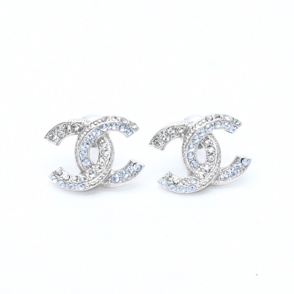 Chanel CC Logo Stud Earrings 13P Stamp Metal Rhinestone Silver Blue