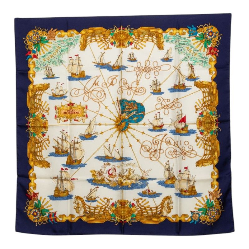 Hermes Carre 90 Voiles de Lumiere Sailing Ship of Light Scarf Large Navy