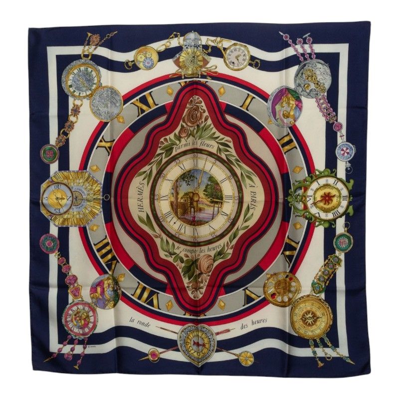 Hermes Carre 90 Parmi les Fleurs Je Compt Time Among Flowers Scarf Large Navy