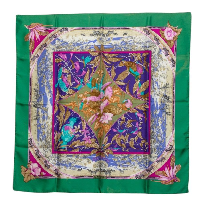 Hermes Carre 90 Tropiques Tropic Scarf Large Green Multicolor Silk