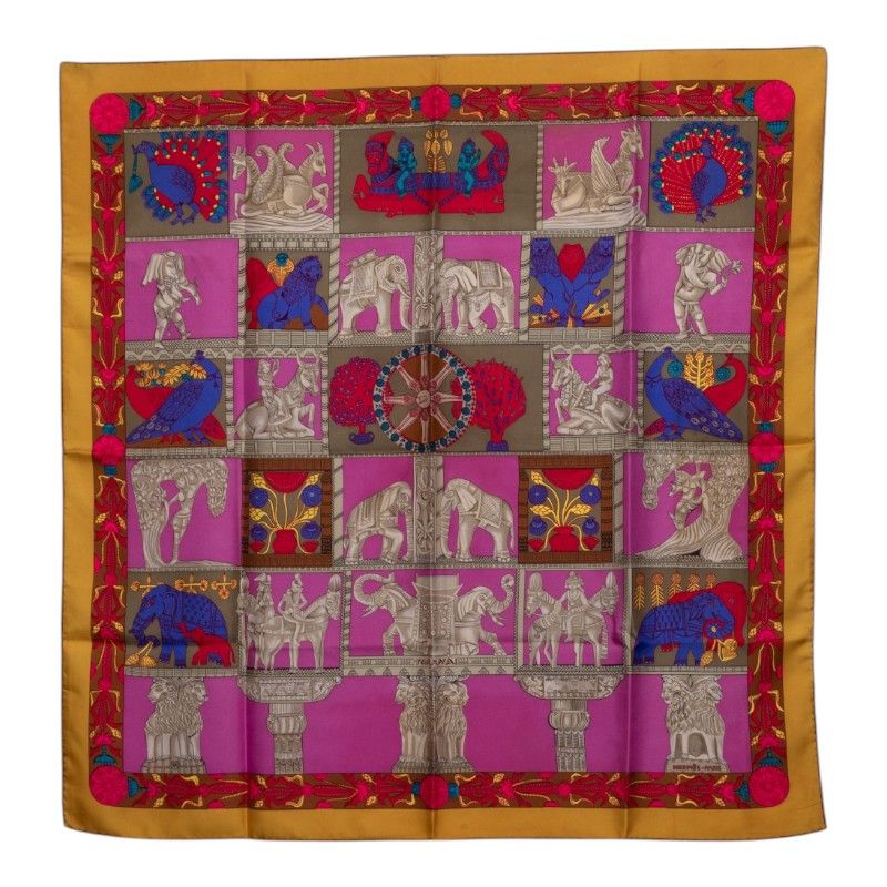 Hermes Carre 90 Torana Tower Scarf Large Pink Multicolor Silk