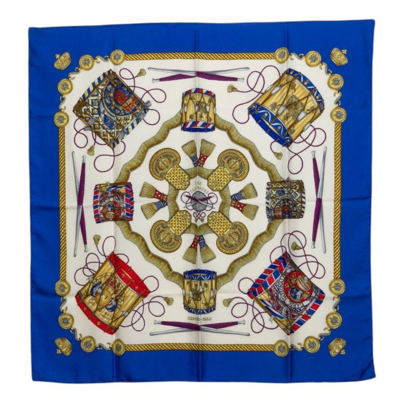 Hermes Carre 90 les Tambour Drum Scarf Large Blue Multicolor Silk