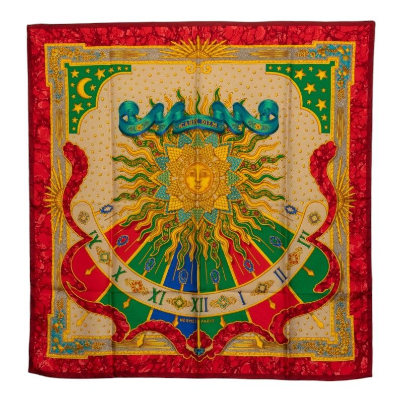 Hermes Carre 90 Carpe Diem Enjoy Your Day Scarf Large Format Red Multicolor Silk