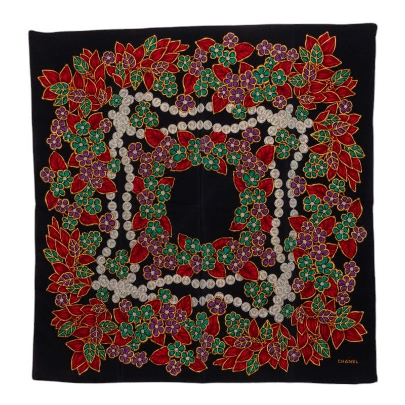 Chanel Pattern Scarf Large Black Multicolor Silk