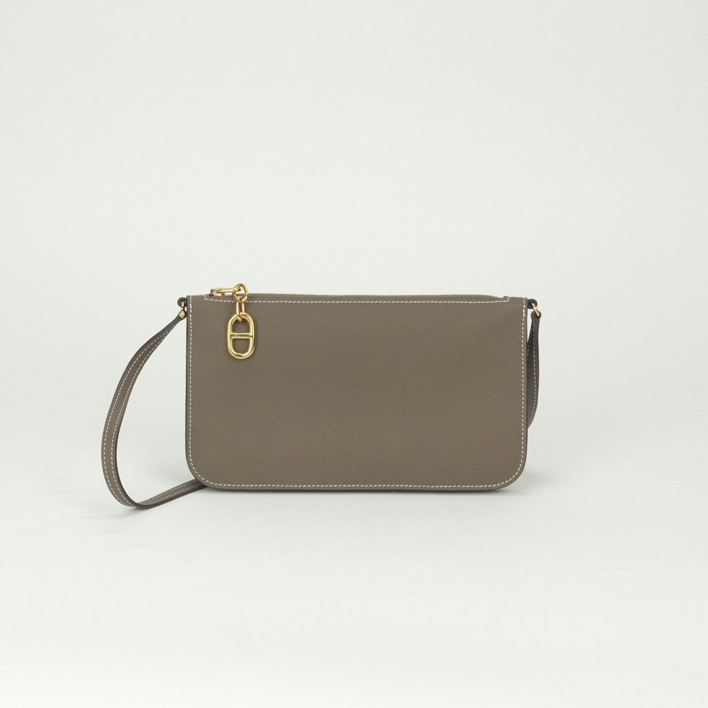 Hermes Zipengo to Go Shoulder Bag Evercolor Etoupe Gray Gold Pouch Clutch
