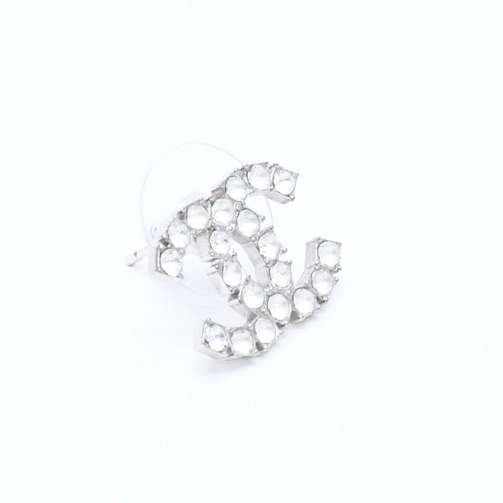 Chanel CC Logo Earrings Stamp Metal Rhinestone Silver — view 4