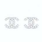 Chanel CC Logo Earrings Stamp Metal Rhinestone Silver — view 2