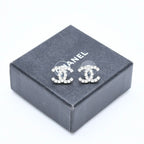 Chanel CC Logo Earrings Stamp Metal Rhinestone Silver