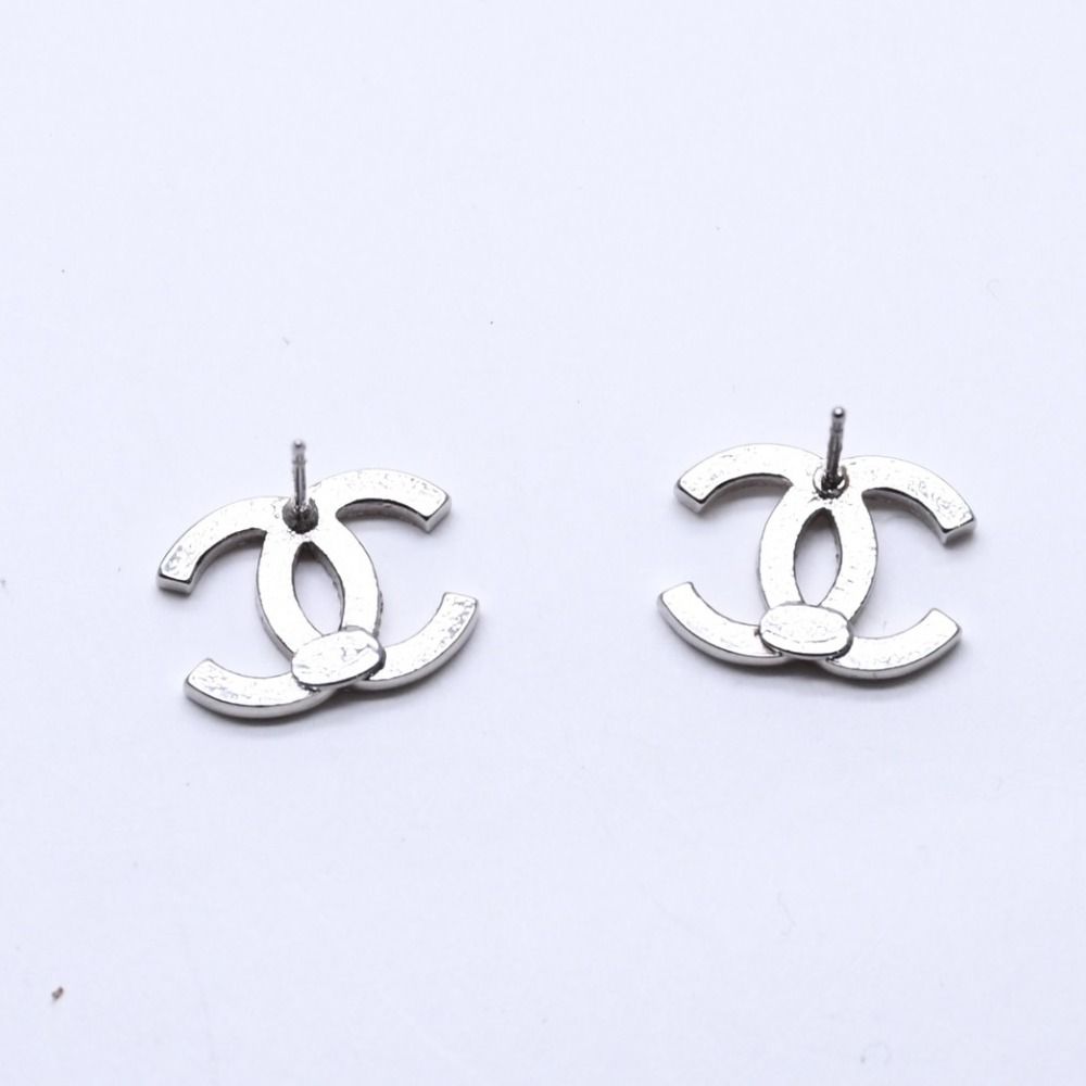 Chanel CC Logo Stud Earrings 10A Stamp Metal Rhinestone Silver — view 8