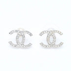 Chanel CC Logo Stud Earrings 10A Stamp Metal Rhinestone Silver — view 2