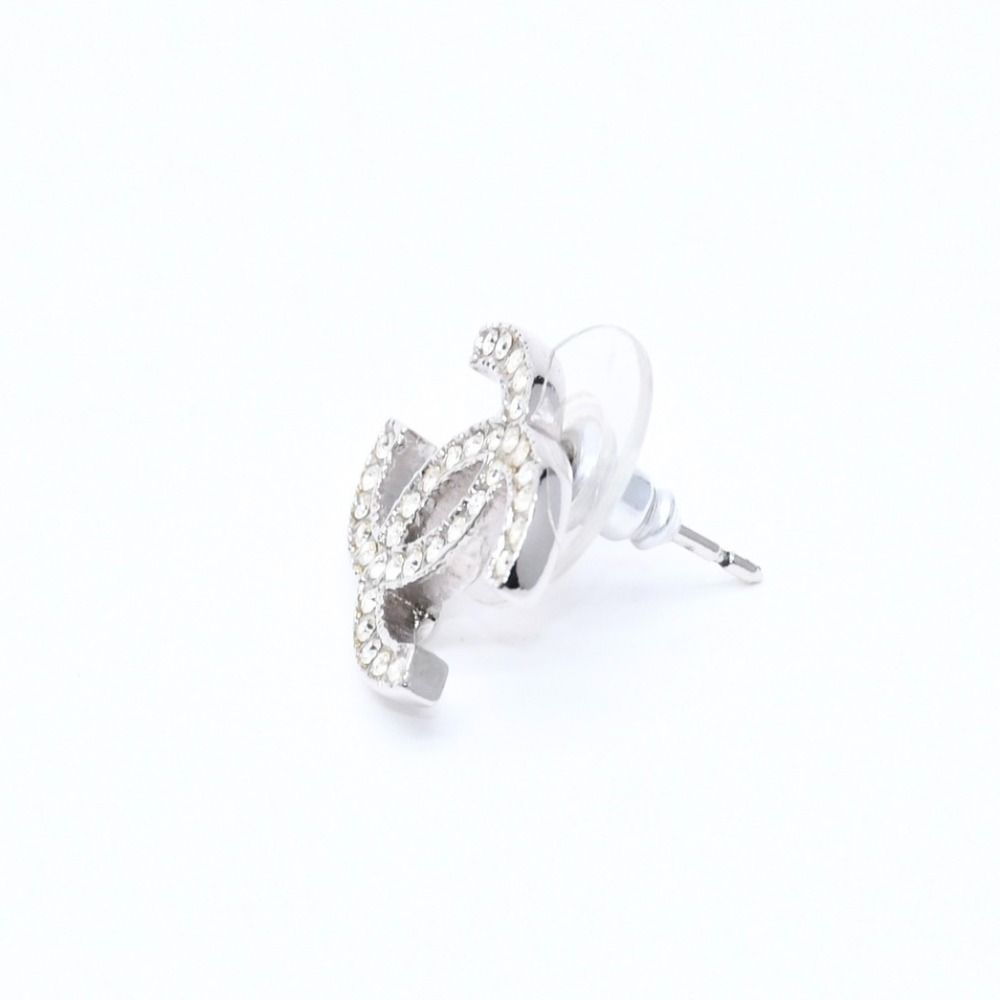 Chanel CC Logo Stud Earrings 10A Stamp Metal Rhinestone Silver — view 6