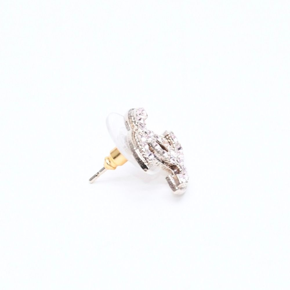 Chanel CC Logo Stud Earrings 08C Stamp Metal Rhinestone Gold Pink — view 5
