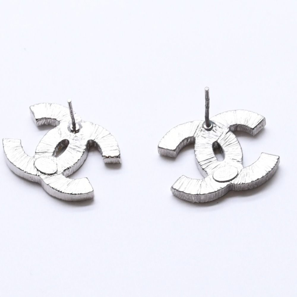 Chanel CC Logo Earrings 08A Stamp Metal Rhinestone Silver — view 8