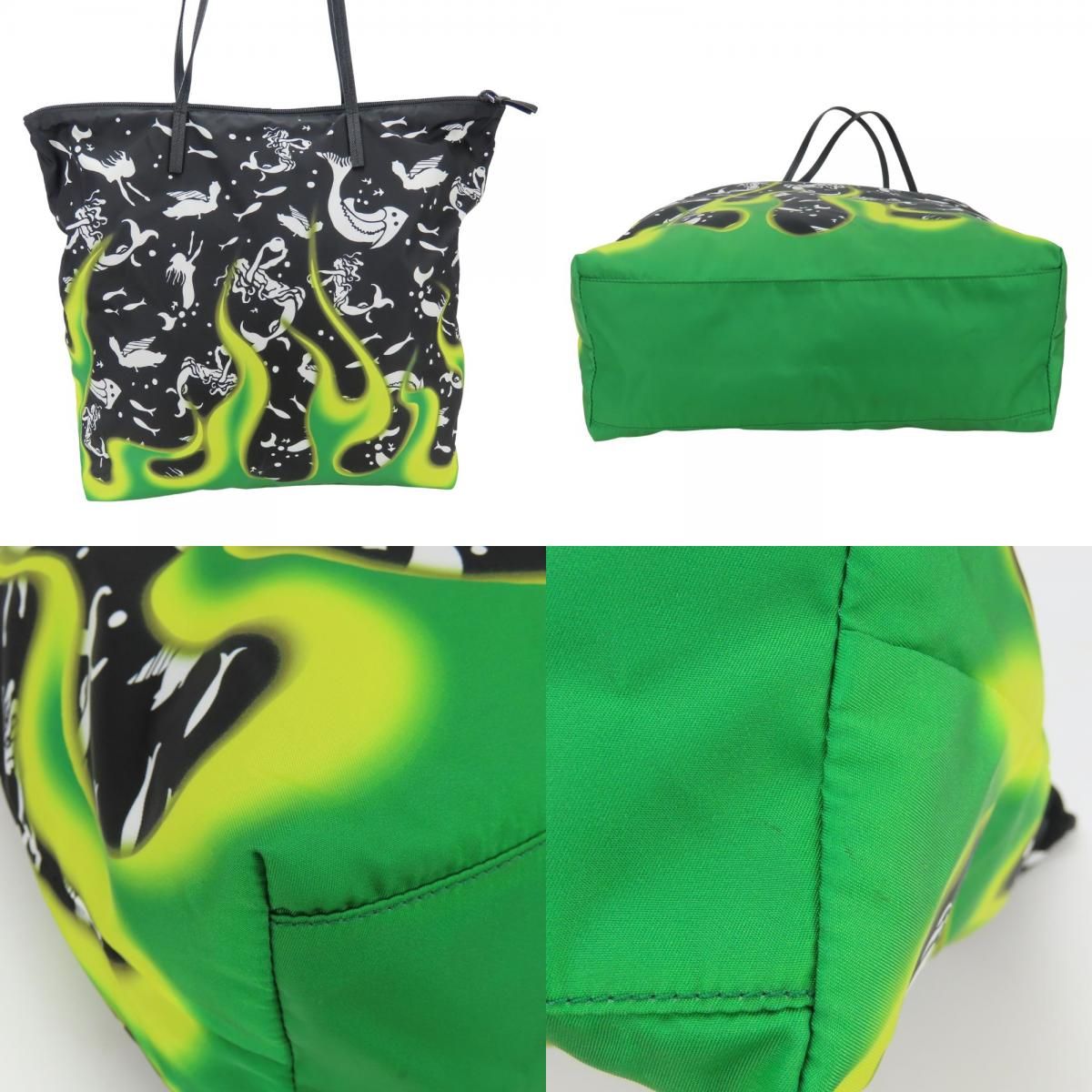 Prada Tote Bag Mermaid Nylon Leather Black Green Shoulder Fire Pattern — view 3