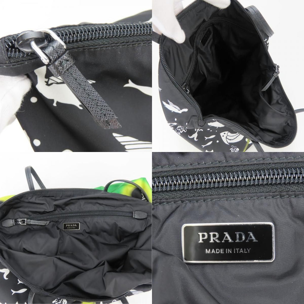 Prada Tote Bag Mermaid Nylon Leather Black Green Shoulder Fire Pattern — view 7