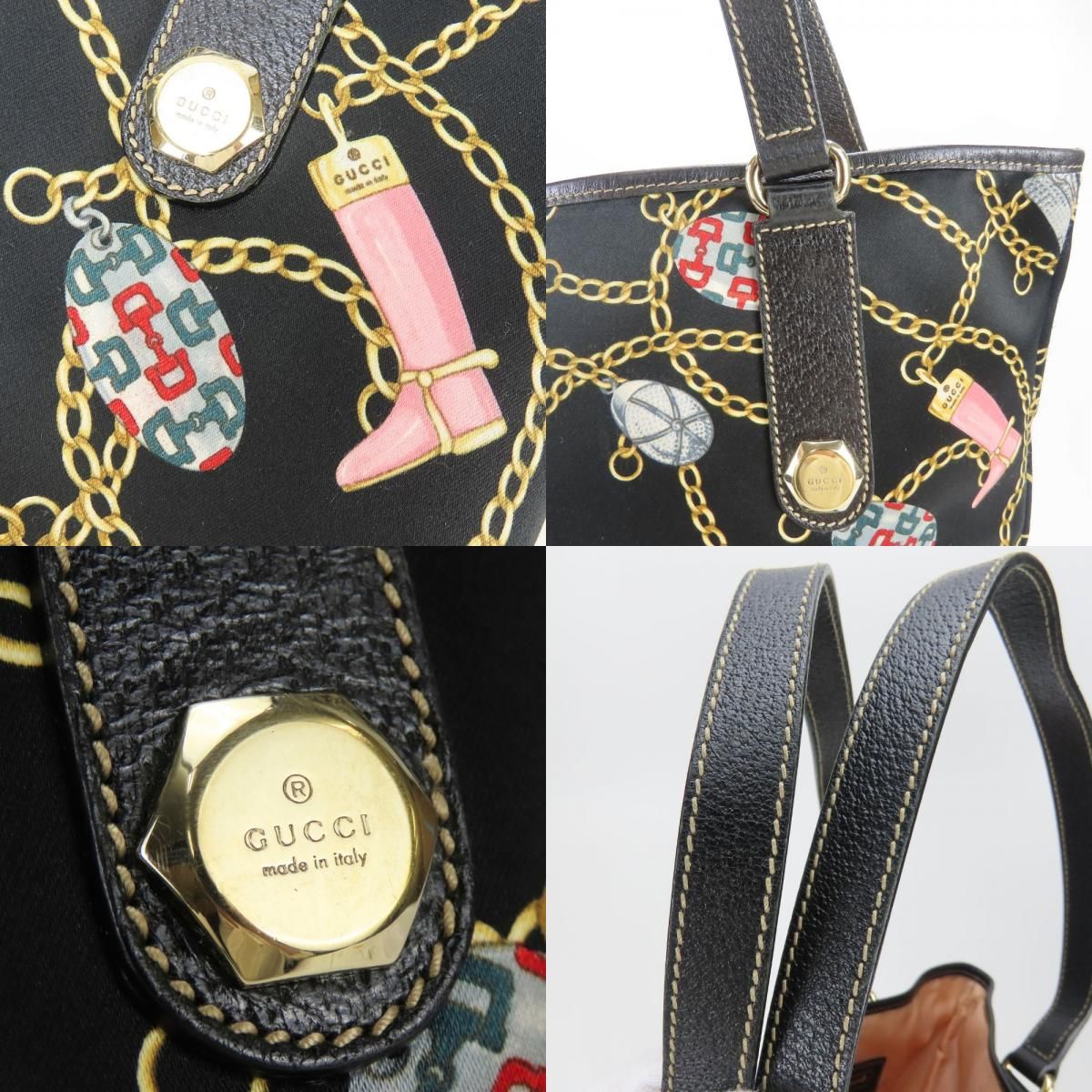 Gucci Tote Bag Satin Leather Black Multicolor — view 4