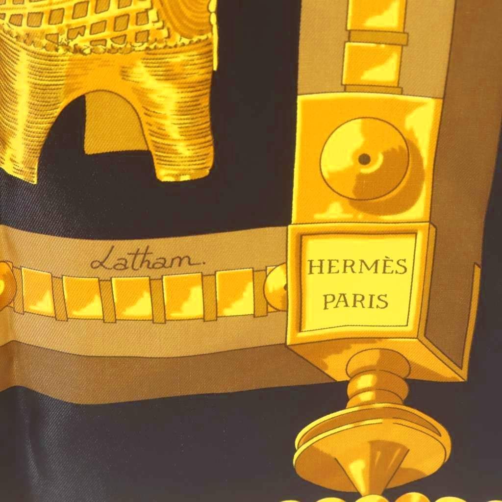 Hermes Scarf Carre 90 Cuillers D Afrique African Spoon Silk Black Gold Color OH — view 4