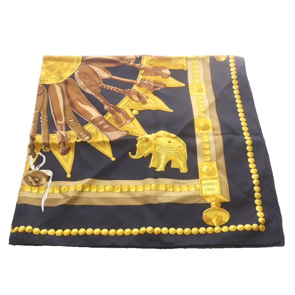 Hermes Scarf Carre 90 Cuillers D Afrique African Spoon Silk Black Gold Color OH — view 6