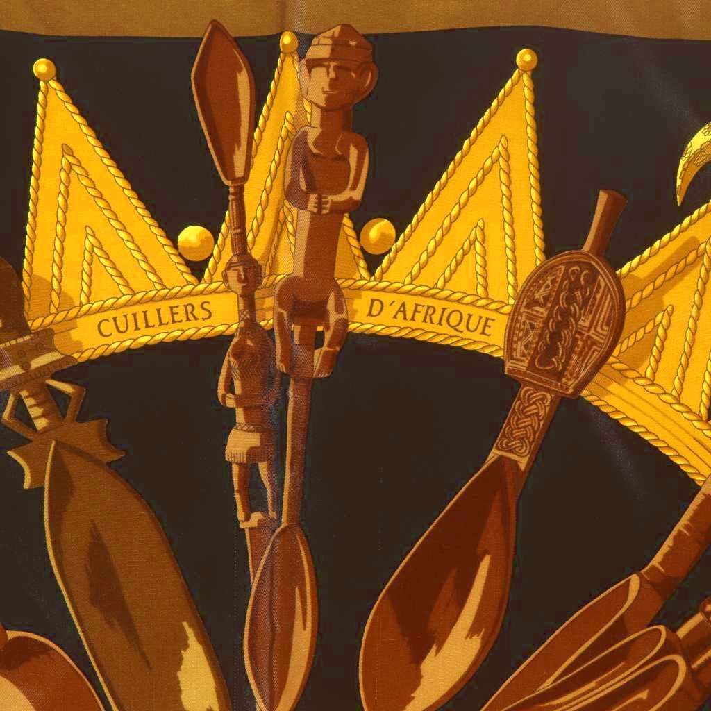 Hermes Scarf Carre 90 Cuillers D Afrique African Spoon Silk Black Gold Color OH — view 2