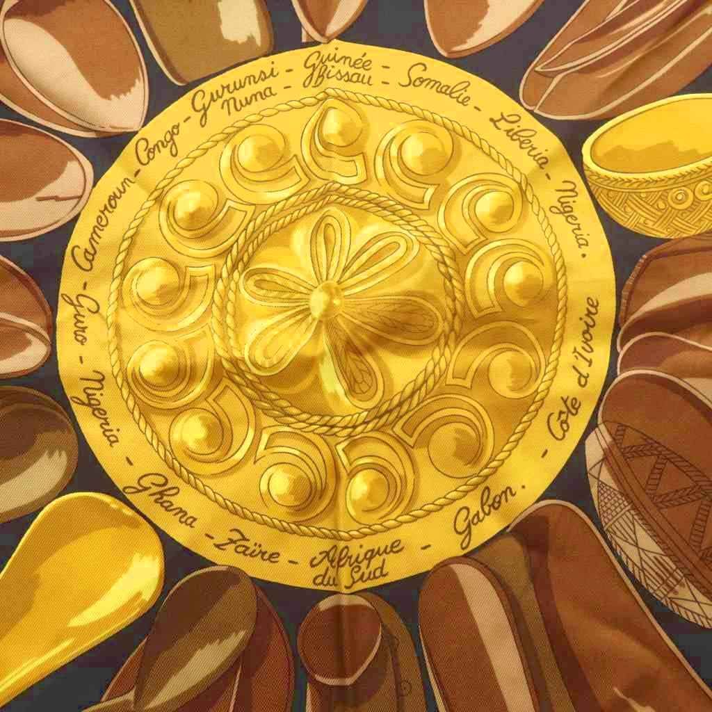 Hermes Scarf Carre 90 Cuillers D Afrique African Spoon Silk Black Gold Color OH — view 5