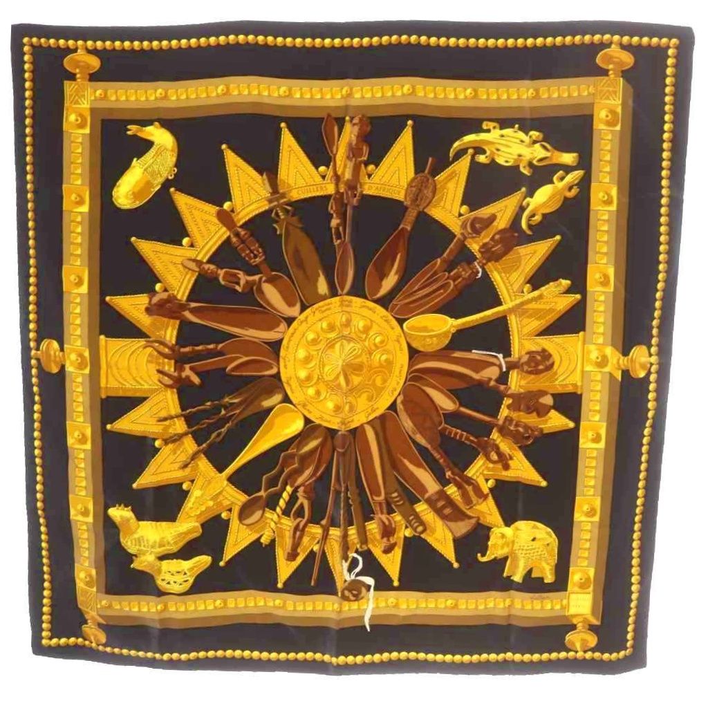 Hermes Scarf Carre 90 Cuillers D Afrique African Spoon Silk Black Gold Color OH