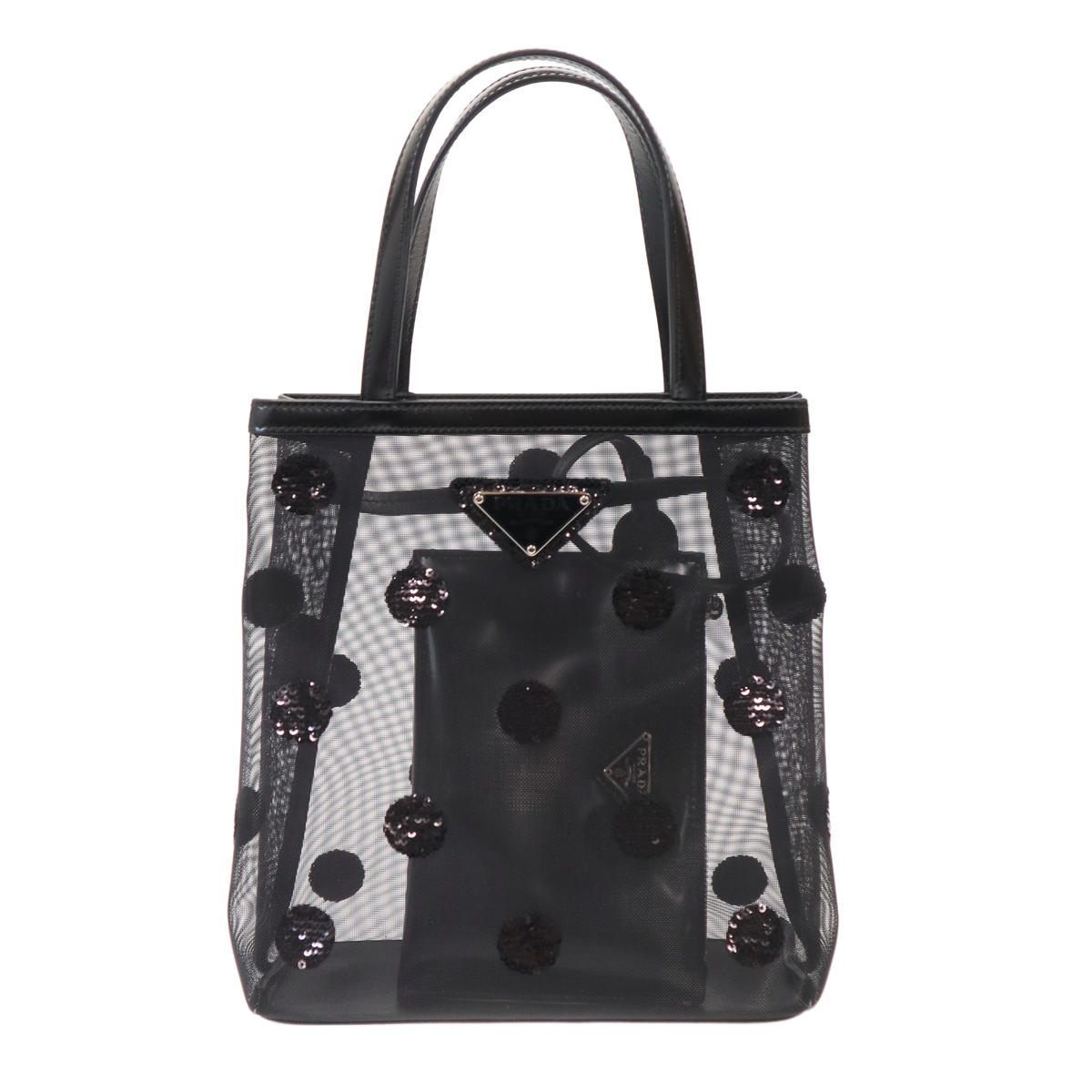 Prada Rete Ricamo Poi Sequin Dot Mesh Tote Bag Black