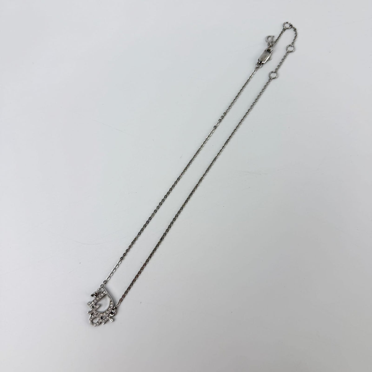 Dior Logo Rhinestone Necklace Plated Silver Clear Vintage — view 2