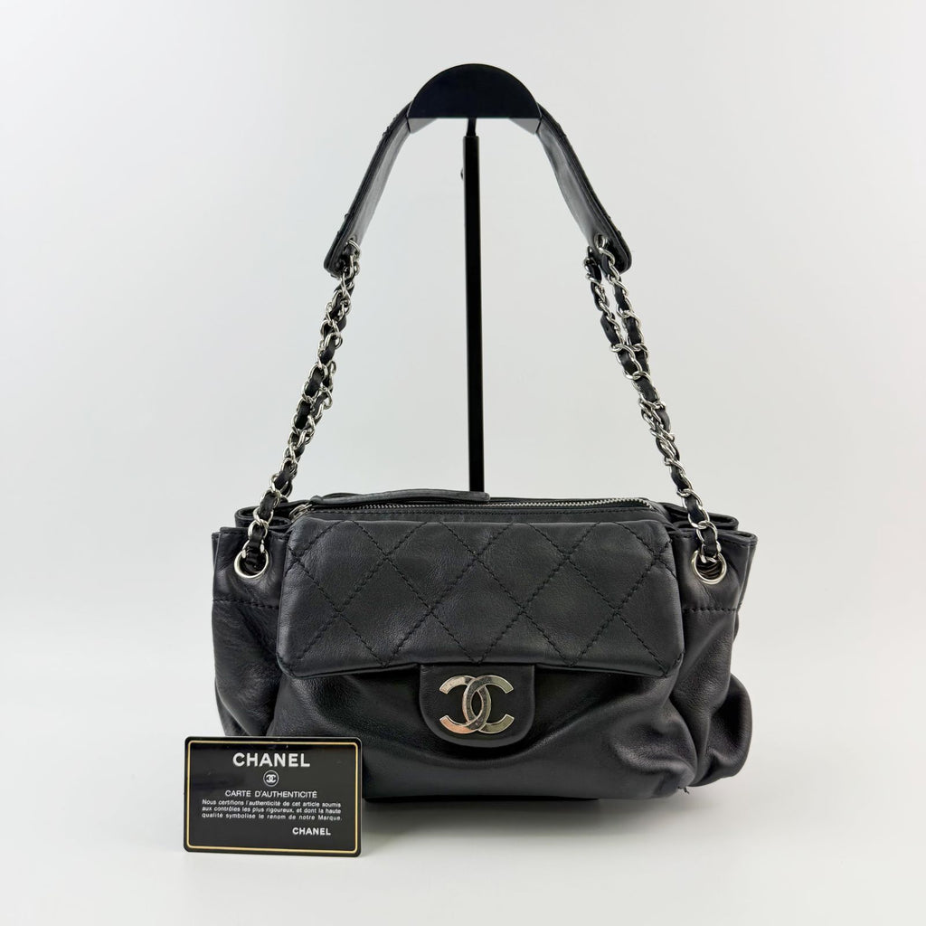 Chanel Quilted CC Logo Gathered Chain Shoulder Bag Leather Black Silver Seal