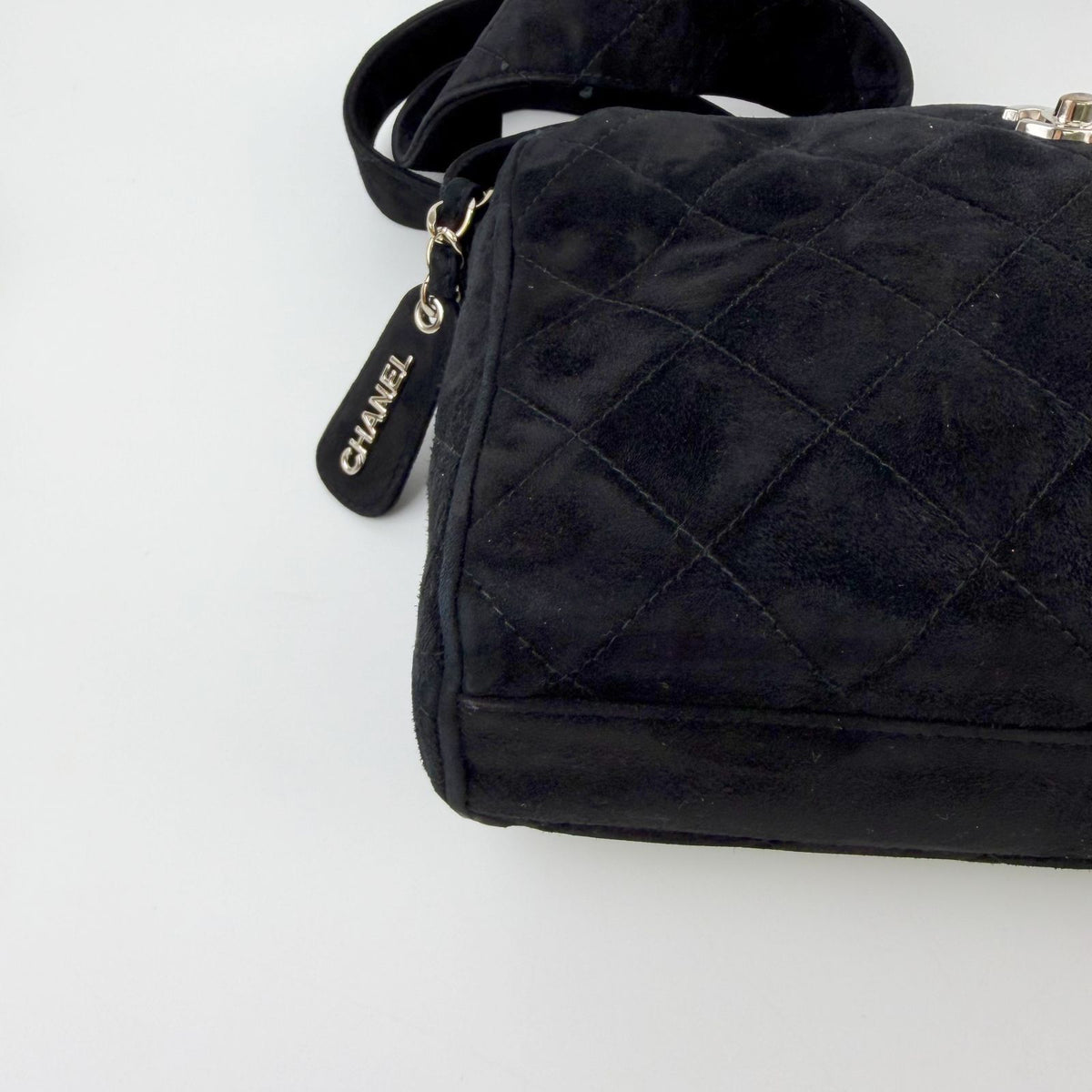 Chanel Quilted CC Logo Charm Shoulder Bag Suede Black Seal Vintage — view 6