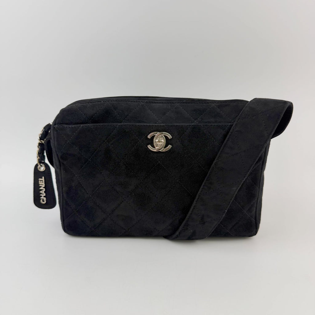 Chanel Quilted CC Logo Charm Shoulder Bag Suede Black Seal Vintage